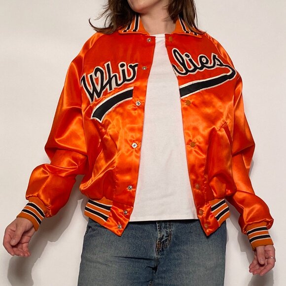 Vintage 1980s Orange & Black "Whirlies" Satin Bomber! Medium to Large - Picture 10 of 11